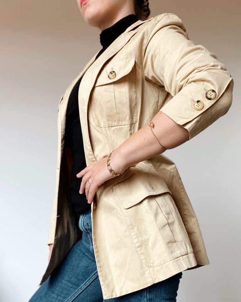 Woman wearing vintage khaki jacket