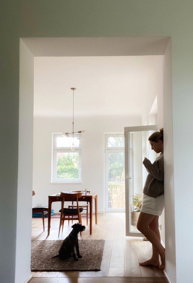 Woman and dog at home